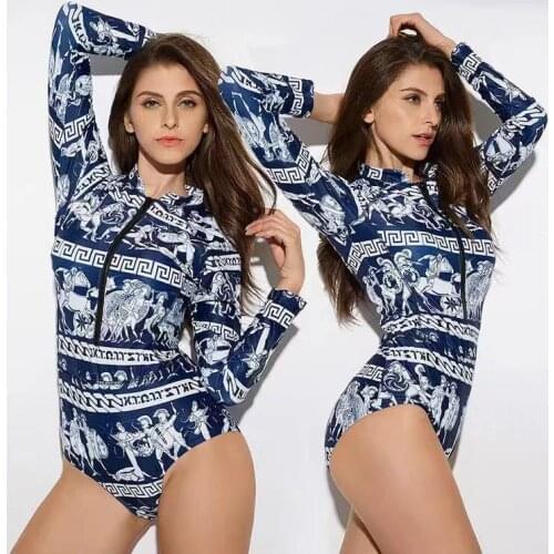 Sexy 2019 One Piece Swimsuit Long Sleeve Swimwear Women Print Floral Bathing Surfing Retro Swim Suits Maillot De Bain Monokini