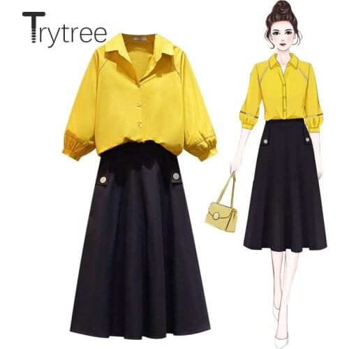 Trytree 2021 Spring Summer Two piece set Casual Puff Sleeve Single Breast Blouse + A-line Pockets Skirt Office Lady 2 Piece Set