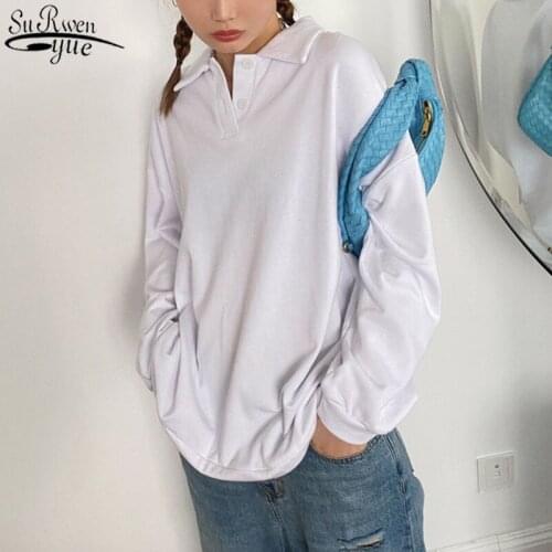 Pullover Solid White Lapel Women Loose Blouse 2021 Autumn Winter European and American Female Neckline Buttons Tops Shirts 11912