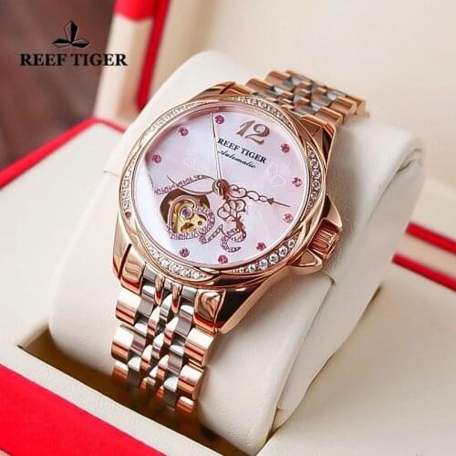 Reef Tiger 2021 Top Brand Elegant Lady Watches Luxury Flower Diamond Women Rose Gold Bracelet Automatic Watches Relogio Feminino
