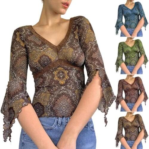 Y2K sexy lace retro print V-neck low-cut flared sleeve mesh top V-neck flared sleeve mesh short top