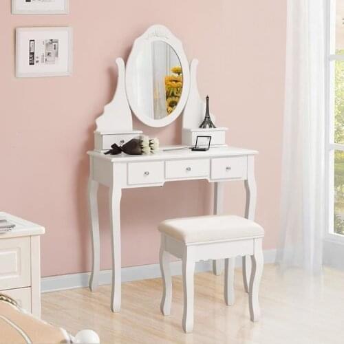 Retro Style White Solid Pinewood Makeup Dressing Table With Stool Adjustable Mirrors 5 Storage Carved Drawers Dressers Bedroom