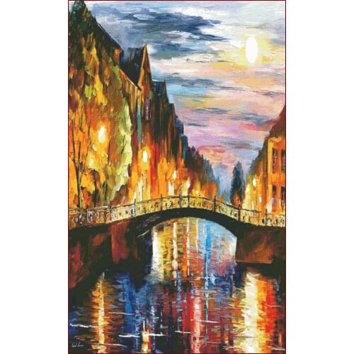 Venice Bridge Scenery Oil Painting Embroidery Needlework 14CT Counted Unprinted DIY Cross Stitch Kits Handmade Arts Decor