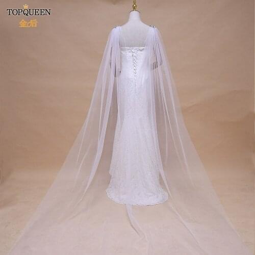 TOPQUEEN G19 Bolero Jacket Cape Bridal Shawl Cathedral Length Tulle Long Veil Jacket Cloak White Wedding Accessories