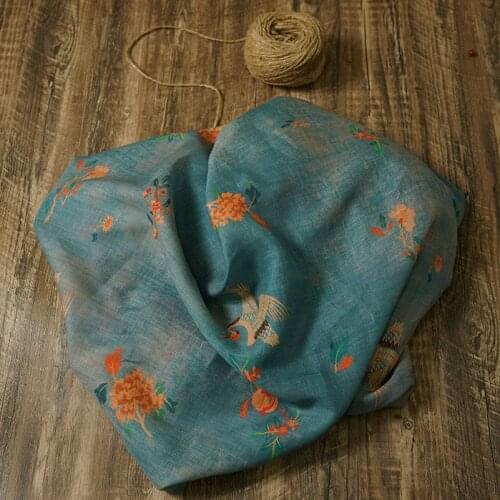 High quality ramie tissu Beautiful Crane and flower printing patchwork High end dress cheongsam fabric