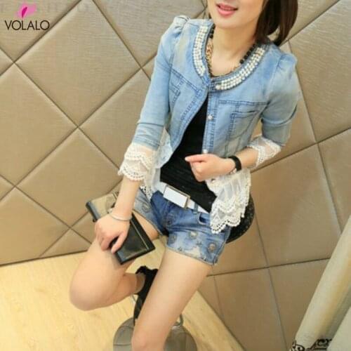 Plus Size Jeans Jacket Women Casacos Feminino Slim Lace Patchwork Beading Denim Lady Elegant Vintage Jackets Coat Dropshipping