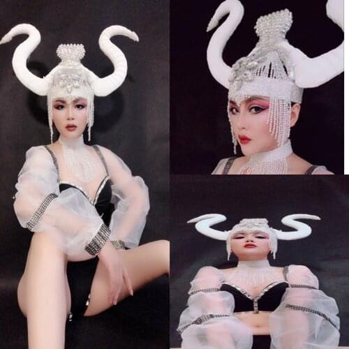 Women halloween cosplay hat cap White horn headress Nightclub bar gogo costume Sexy stage dance headwear