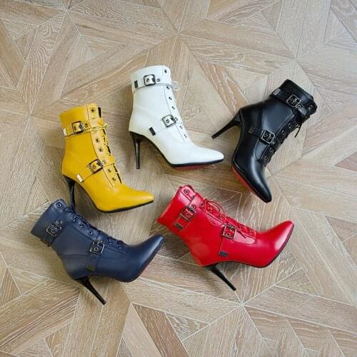 YMECHIC 2020 Autumn Winter Womens Ankle Stiletto Boots Buckle Strap Yellow White Black Sexy High Heels Pointed Toe Boot Shoes