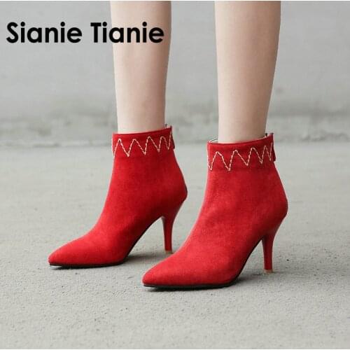 Sianie Tianie Boots Women 2020 Autumn Winter Ankle Boots For Women Thin Heel Zipper Casual Female Shoes Red Boots Botas Mujer