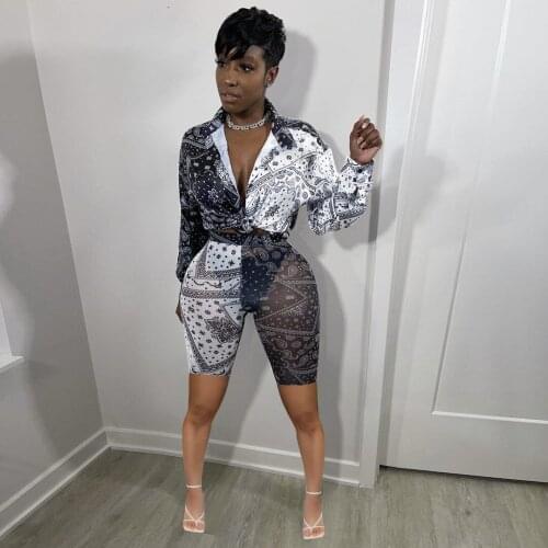 2021 New Arrival Fashion Design 2 pcs Women Set Print Turn-down Collar Tops and Shorts Summer Casual Outfits