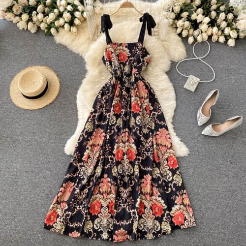 Amolapha Women Summer Vintage Sundress Sleeveless Hit Color High Waist Printed Spaghetti Strap Sweater A-Line Party Dress