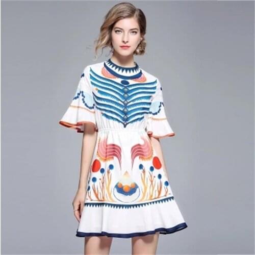 Dress Women Autumn New high quality Silky soft silk fabric stand collar retro print high waist dress women Increase size 2XL