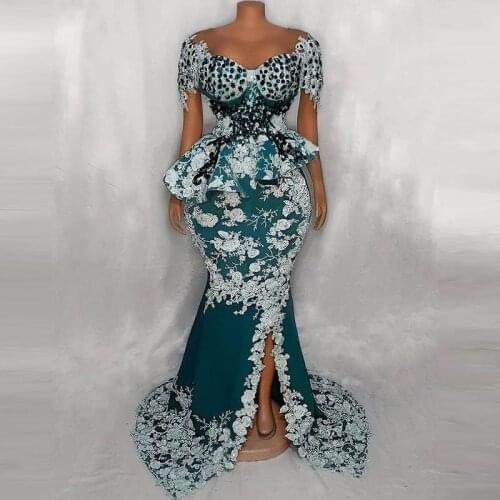 Heavy Beading Lace African Prom Dresses Mermaid Short Sleeves Nigeria Formal Evening Dress Aso Ebi Women Party Gowns Plus Size