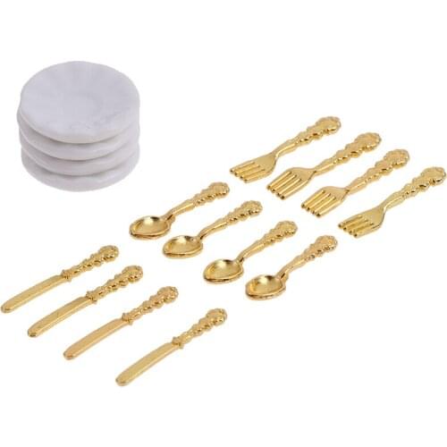 12Pcs/lot 1:12 Ceramic plate Knife Fork Spoon Tableware Simulation Kitchen Food Furniture Toys Dollhouse Miniature Accessories