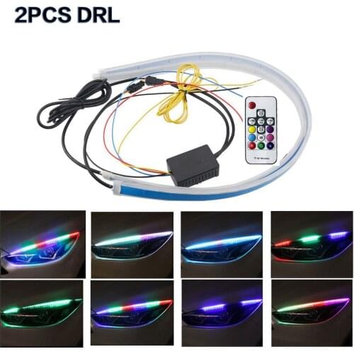 2PCS Colorful DRL Flowing Light Strip Waterproof Headlight Fog Lamp Car Daytime Running Lights with Turn Signal Light Light Bar