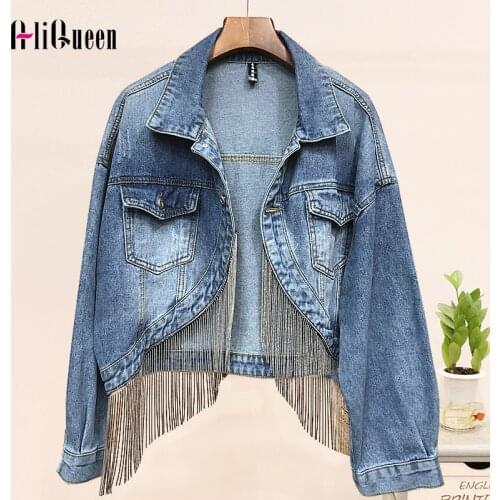 2020 Spring Women Chains Tassel Short Jean Coat Streetwear Chaquetas Mujer Loose Denim Jacket Cowboy Outwear Female Casual Coats