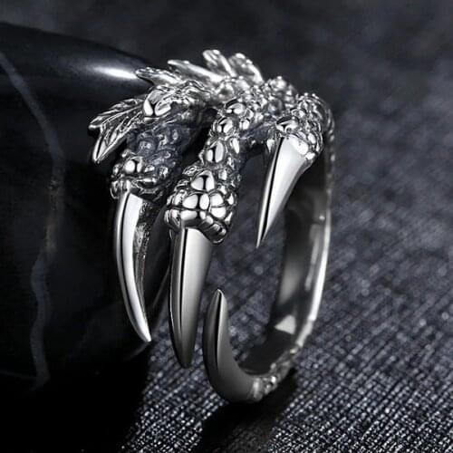 2021 Retro Punk Hip Hop Ring Finger Adjustable Open Ring Jewelry Gift Mens Womens Gothic Jewelry Silver Color Dragon Paw Rings