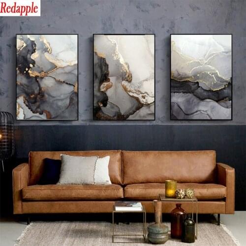 Diamond Mosaic Abstract art, golden gray marble texture round drill Cross Stitch Diamond Painting Full Square Decor For Hom3pcs
