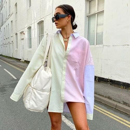Oversized Blouse Women Autumn Fashion Turn Down Collar Long Sleeve Color Contrast Patchwork Pocket Buttons Loose Long Shirt Lady