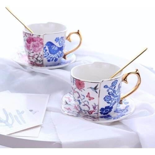 European Exquisite Retro Coffee Cup With Gold Flower And Bird Asymmetric Ceramic Cups & Saucer Set British Drinking Utensils