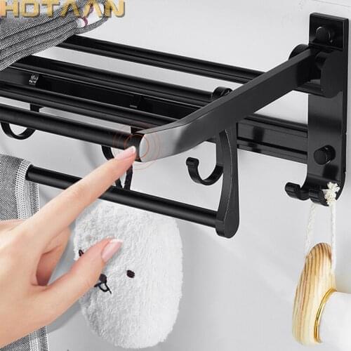 Hotaan Modern Style Wall Mounted Space Aluminum Matte Black Finish Towel Bars Towel Hanger Adjustable Towel Rack with Hooks