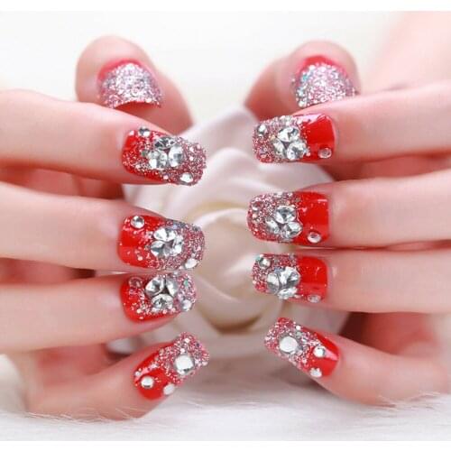 24 Pcs/Set Women Girl Bride Red 3D Fake Nails Wrapped Tips Artificial False Nail