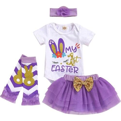 0-12M 4PCS Infant Baby Girl Easter Clothes Sets Short Sleeve Top Tutu Skirts Headband Set Outfits