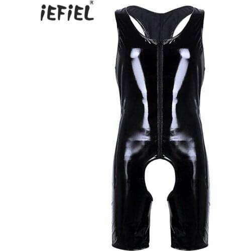 IEFiEL Mens Sleeveless Open Crotch PVC Latex Catsuit Wetlook Patent Leather Costumes Crotchless Bodysuit Erotic Sissy Clubwear