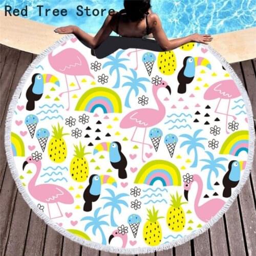 Microfiber Round Beach Towel Cartoon Flamingo Plants Bath Towel with Tassel Bohemian Picnic Yoga Mat Swimming Travel Cover 150CM