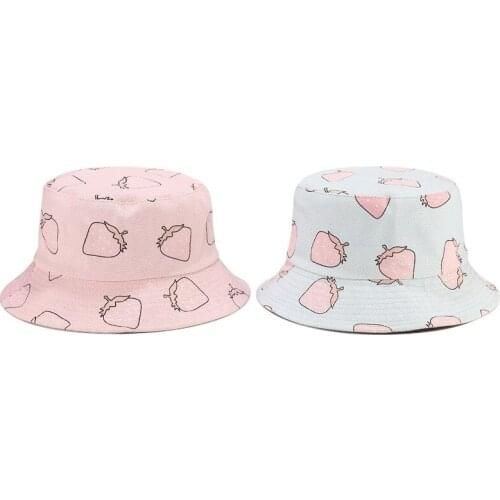 Summer Print Fruit Strawberry Bucket Hat Women Cotton Hip Hop Bob Caps Fishman Kawaii Double-Sided Sun Panama Fisherman Bob 2021
