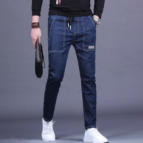 Summer New Men Jeans Fashion Spliced Blue Denim Slim Fit Drawstring Pants