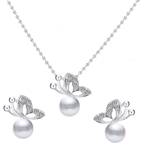 Cute Earrings Necklace Pendants Charm Jewelry Sets For Women Butterfly Pearl Crystals Simple Wedding Accessories Wholesale
