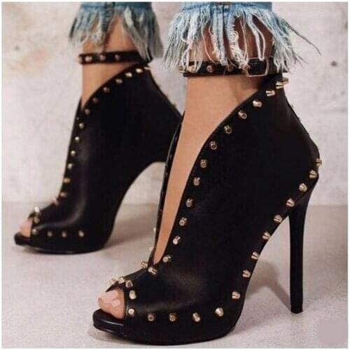 Newest Black Leather Rivet Ankle Boots Peep Toe Cut-out Ankle Strap High Heel Spike Boots Deep V Style Laides Shoes Dress Shoes
