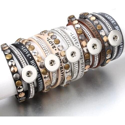 New Snap Button Jewelry Leather 18mm Snap Buttons Bracelet Punk Rivet Bracelet Love Hope Happiness Bracelet For Valentines Gift