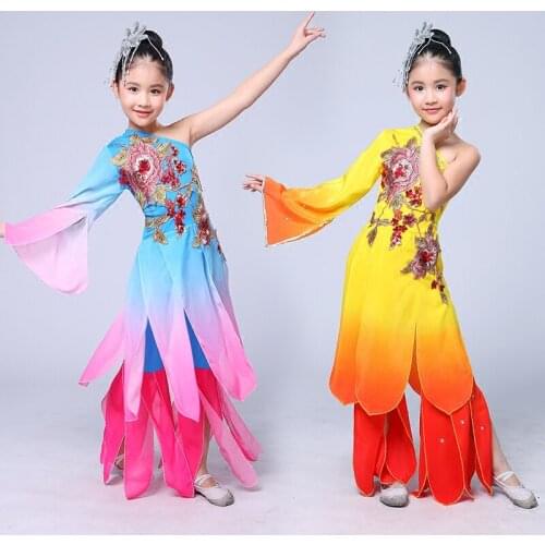 New Arrive Childrens Yangko Dance Clothing Chinese National Fan Dance Costume Classical Folk Stage One-shoulder Dance Costume
