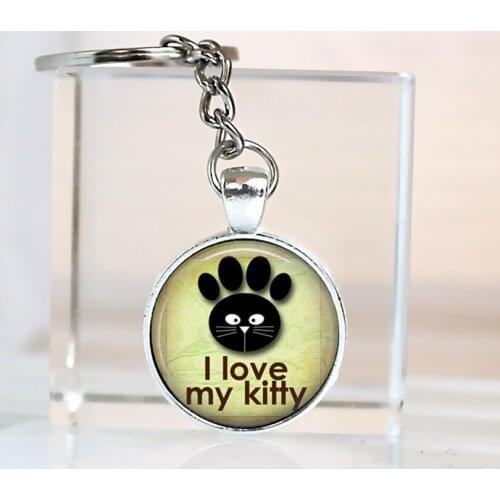 New Round Pendant Tray Car Keychain Lovers Keyring Glass Vintage Kitten Jewelry Black Cat Cabochon Bag Key Chain Pet gift