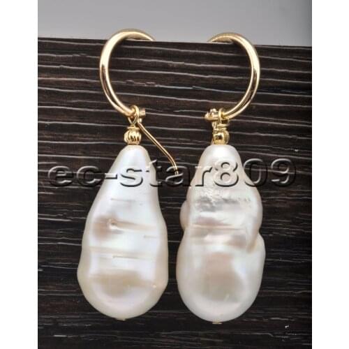 P6759 Big 33mm White Baroque Keshi Pearl Dangle Earring