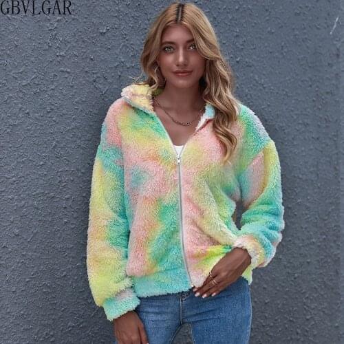 Winter Womens Faux Fur Coat 2021 Autumn New Tie-Dye print Woolen Coat Jacket for womens Zipper Fashion Slim Fur Jackets coat