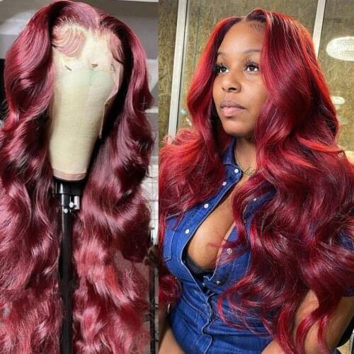 13x4 Lace Front Wig Transparent Body Wave Wig 99J Red PrePlucked Human Hair Wigs 180% Remy Hair 4x4 Lace Closure Wig For Women