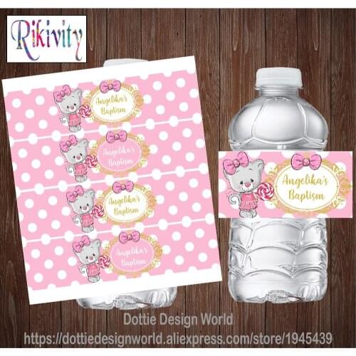 Personalized Bear Pink Polka Dots Girl Baptism Water Bottle Wine Labels Candy Bar Wrapper Stickers Baby Shower Party Decoration