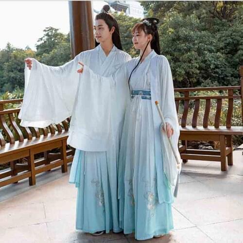 Plus Size 3XL Hanfu Couples Chinese Traditional Hanfu Adult Halloween Carnival Cosplay Costume Hanfu Gradient Blue For Men&Women