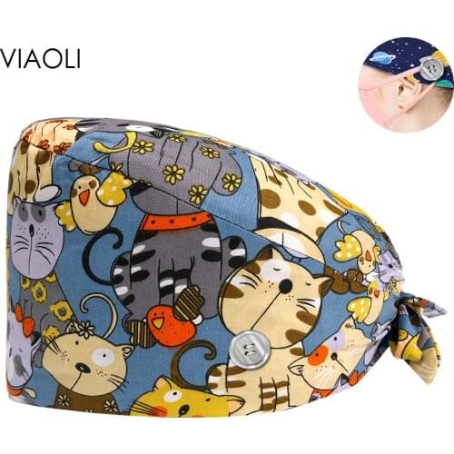 Wholesale Scrub Hat with Buttons Unisex Pet Grooming Doctor Caps Sweat-absorbent Cartoon Printing Nurse Scrub Caps Women and Men