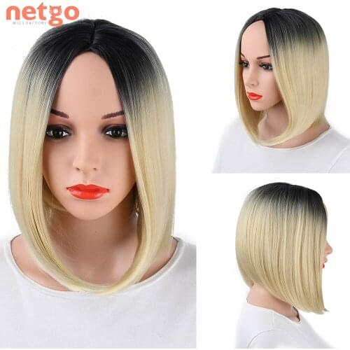 Netgo Ombre Blonde Synthetic Wig Short Bob Brown Pink Wigs For Black White Women Heat Resistant Middle Part Hair for Daily Party