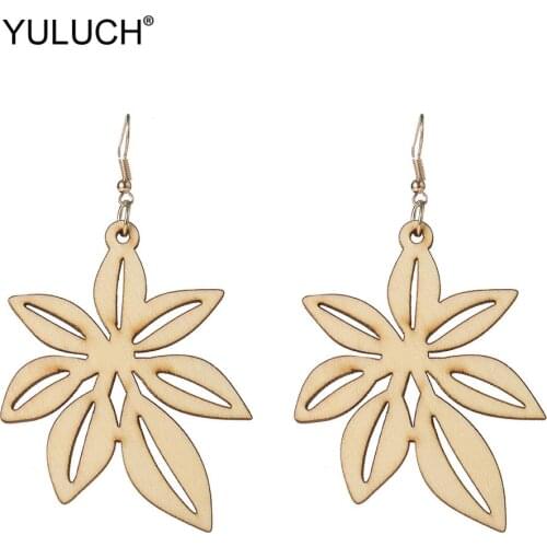YULUCH 2019 Ethnic African Indian Women Beige Brown Black Wood Hollow Big Leaf Pattern Long Dangle Drop Earrings Fashion Jewelry