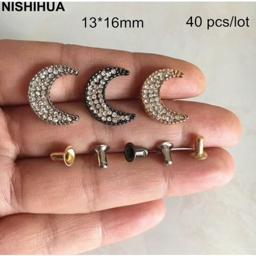 40 pcs -Moon Rivet Studs,13*16mm Moon With Rhinestones Metal DIY Rivet Spike For Clothes,Shoes,Bags,Belt,Gold Silver Black