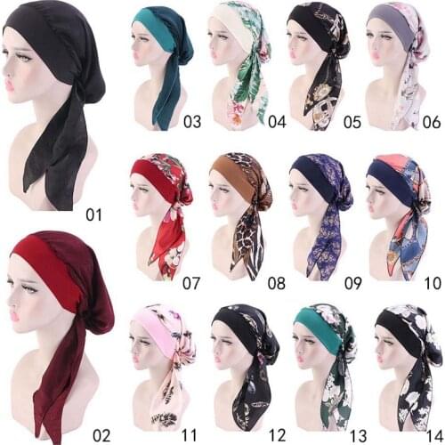 Women Muslim Hat Turban Headband Elastic Solid Hijabs Hats Female Casual Flower Printed Headscarf Long Tail Hair Band