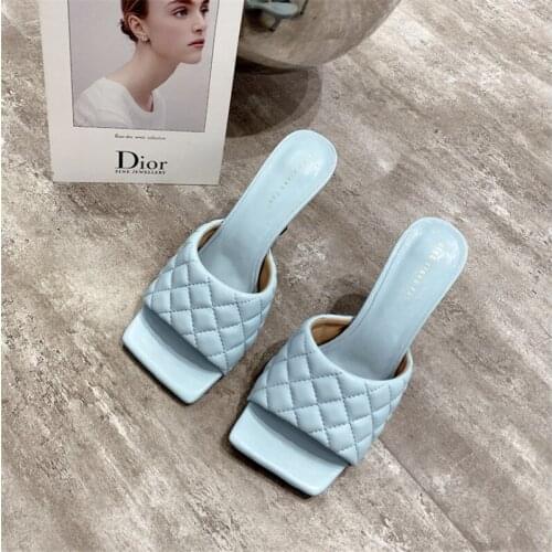 2020 Square Toe Shallow Pu Leather Plaid Colorful Thin High Heels Slippers Women New Spring Summer Fashion Tide