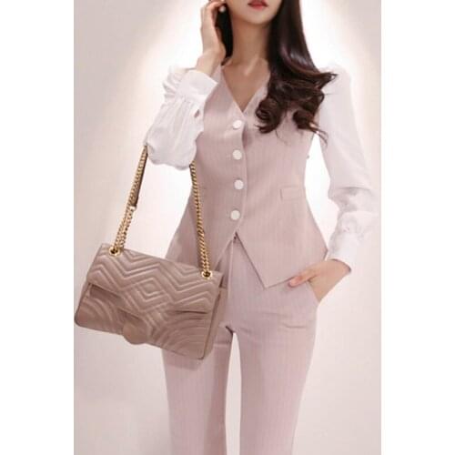 Womens suit spring new OL temperament small suit striped shirt vest fake two-piece temperament professional pants suit