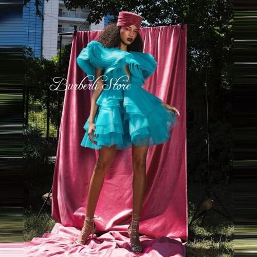 High Street Lake Blue Tiered Tulle Mini Women Dresses Trendy Asymmetry Ruffles Tulle Short Women Outfit To Cocktail Party