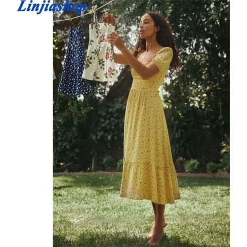 Dress women summer french style vintage floral print elegant girl summer trendy ruffles high waist elastic lining chiffon dress